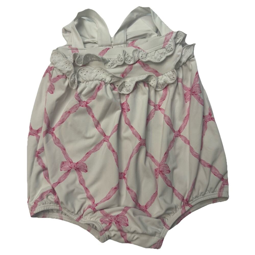 The Beaufort Bonnet Company Pink Bow Bubble Romper 0/6M